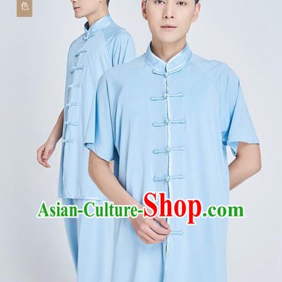 Top Grade Kung Fu Costume Martial Arts Training Light Blue Milk Fiber Uniform Shaolin Gongfu Tai Ji Clothing for Men