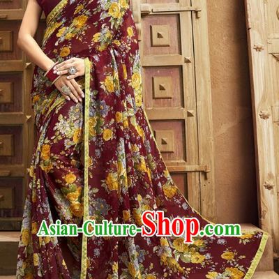 Asian India National Printing Maroon Georgette Saree Asia Indian Festival Dance Costumes Traditional Female Blouse and Sari Dress Full Set