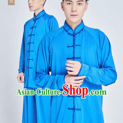 Top Grade Martial Arts Training Lake Blue Milk Fiber Uniform Kung Fu Costume Shaolin Gongfu Tai Ji Clothing for Men