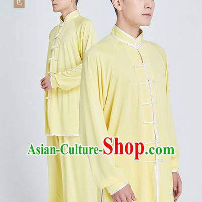 Top Grade Martial Arts Training Yellow Milk Fiber Uniform Kung Fu Costume Shaolin Gongfu Tai Ji Clothing for Men