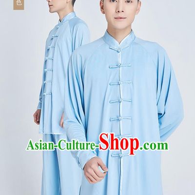 Top Grade Martial Arts Training Light Blue Milk Fiber Uniform Kung Fu Costume Shaolin Gongfu Tai Ji Clothing for Men
