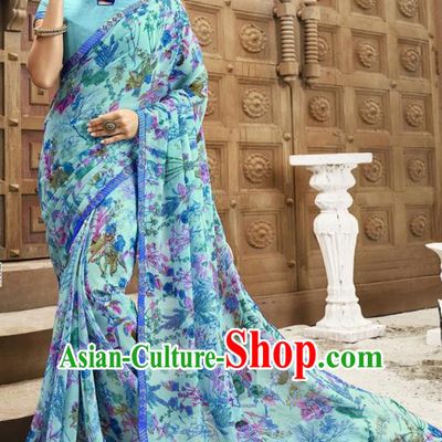 Asian India National Printing Light Blue Georgette Saree Asia Indian Festival Dance Costumes Traditional Female Blouse and Sari Dress Full Set