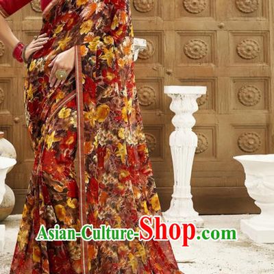 Asian India National Printing Dark Red Georgette Saree Asia Indian Festival Dance Costumes Traditional Female Blouse and Sari Dress Full Set