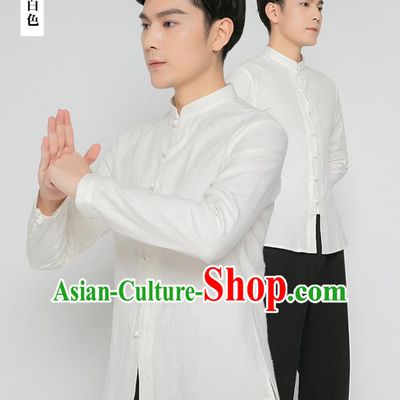 Asian Chinese Traditional White Flax Shirt and Black Pants Martial Arts Costumes China Kung Fu Outfits for Men