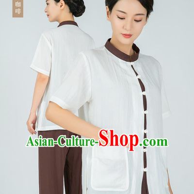 Professional Kung Fu Training White Flax Blouse and Brown Pants Uniforms Martial Arts Shaolin Gongfu Costumes Tai Ji Clothing for Women