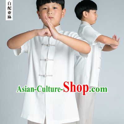 Asian Chinese Traditional Tai Chi White Linen Shirt and Pants Martial Arts Costumes China Kung Fu Outfits for Kids