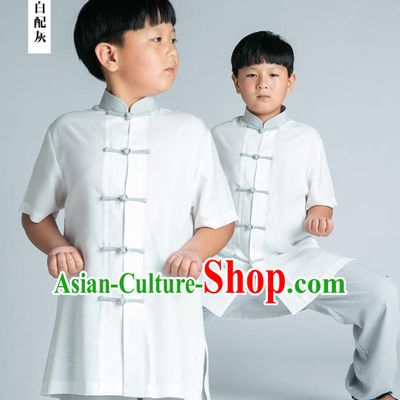 Asian Chinese Traditional Tai Chi White Linen Shirt and Grey Pants Martial Arts Costumes China Kung Fu Outfits for Kids