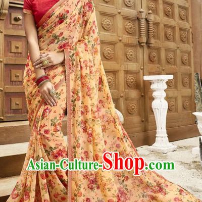 Asian India National Printing Apricot Georgette Saree Asia Indian Festival Dance Costumes Traditional Female Blouse and Sari Dress Full Set