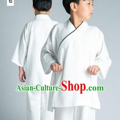 Asian Chinese Traditional Tai Chi Slant Opening White Linen Shirt and Pants Martial Arts Costumes China Kung Fu Outfits for Kids