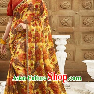 Asian India National Printing Sunflowers Yellow Georgette Saree Asia Indian Festival Dance Costumes Traditional Female Blouse and Sari Dress Full Set
