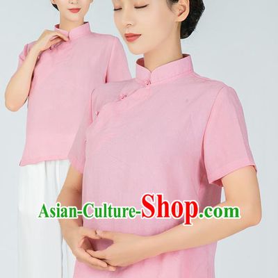 Professional Chinese Tang Suit Pink Flax Blouse Martial Arts Shaolin Gongfu Costumes Kung Fu Training Garment Tai Ji Upper Outer for Women