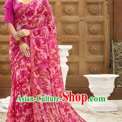 Asian India National Printing Rosy Georgette Saree Asia Indian Festival Dance Costumes Traditional Female Blouse and Sari Dress Full Set