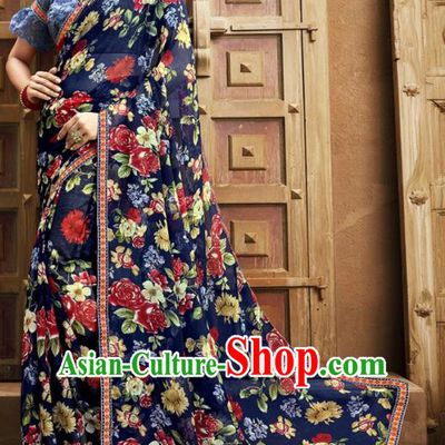 Asian India National Printing Navy Georgette Saree Asia Indian Festival Dance Costumes Traditional Female Blouse and Sari Dress Full Set