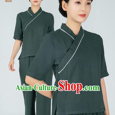 Professional Chinese Tai Chi Dark Green Flax Blouse and Pants Outfits Martial Arts Shaolin Gongfu Costumes Kung Fu Training Garment for Women
