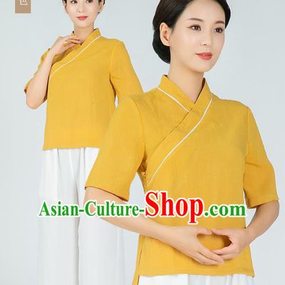 Professional Chinese Tai Chi Yellow Flax Blouse and Pants Outfits Martial Arts Shaolin Gongfu Costumes Kung Fu Training Garment for Women