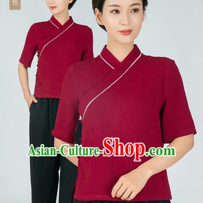Professional Chinese Tai Chi Wine Red Flax Blouse and Pants Outfits Martial Arts Shaolin Gongfu Costumes Kung Fu Training Garment for Women
