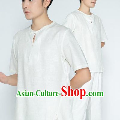 Top Grade Chinese Martial Arts Training Jacquard White Flax Uniforms Kung Fu Costume Shaolin Gongfu Tai Ji Shirt and Pants for Men