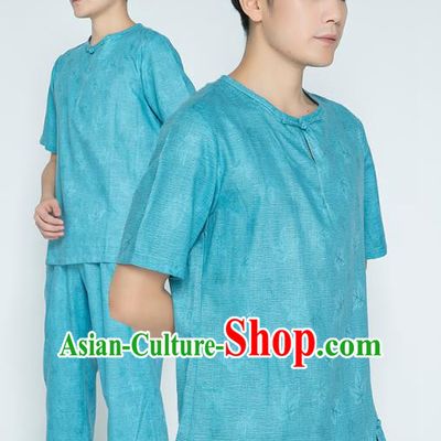 Top Grade Chinese Martial Arts Training Jacquard Blue Flax Uniforms Kung Fu Costume Shaolin Gongfu Tai Ji Shirt and Pants for Men