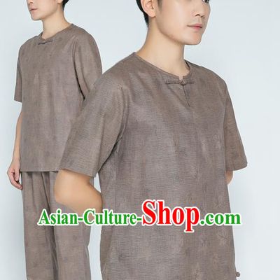 Top Grade Chinese Martial Arts Training Jacquard Brown Flax Uniforms Kung Fu Costume Shaolin Gongfu Tai Ji Shirt and Pants for Men