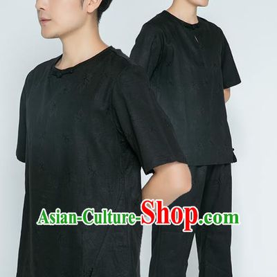 Top Grade Chinese Martial Arts Training Jacquard Black Flax Uniforms Kung Fu Costume Shaolin Gongfu Tai Ji Shirt and Pants for Men