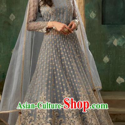 Top Asian India Grey Lehenga Costumes Asia Indian Traditional Bride Embroidered Blouse and Skirt and Sari Full Set