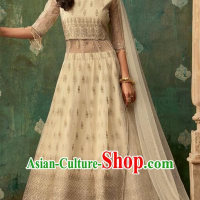 Top Asian India Beige Lehenga Costumes Asia Indian Traditional Bride Embroidered Blouse and Skirt and Sari Full Set