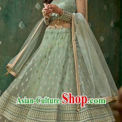 Top Asian India Light Green Lehenga Costumes Asia Indian Traditional Bride Embroidered Blouse and Skirt and Sari Full Set