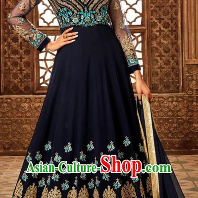 Asian India National Embroidered Navy Anarkali Dress Asia Indian Festival Dance Costumes Traditional Female Clothing and Sari Full Set