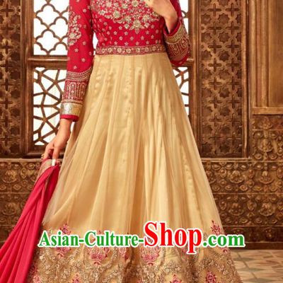Asian India National Embroidered Beige Anarkali Dress Asia Indian Festival Dance Costumes Traditional Female Clothing and Sari Full Set