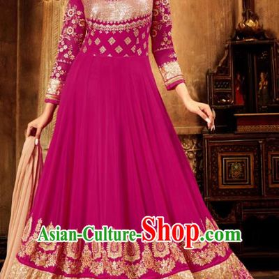 Asian India National Embroidered Rosy Anarkali Dress Asia Indian Festival Dance Costumes Traditional Female Clothing and Sari Full Set