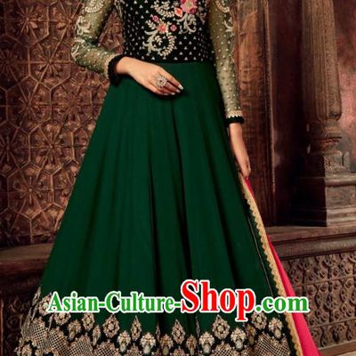 Asian India National Embroidered Deep Green Anarkali Dress Asia Indian Festival Dance Costumes Traditional Female Clothing and Sari Full Set