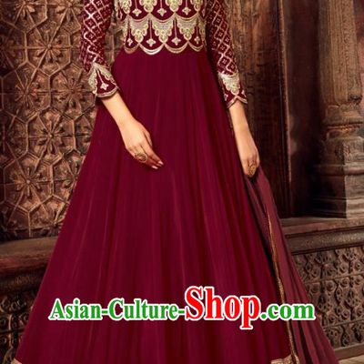 Asian India National Embroidered Maroon Anarkali Dress Asia Indian Festival Dance Costumes Traditional Female Clothing and Sari Full Set