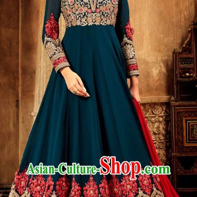 Asian India National Embroidered Teal Anarkali Dress Asia Indian Festival Dance Costumes Traditional Female Clothing and Sari Full Set
