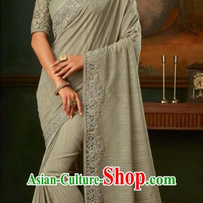 Asian India Bollywood Embroidered Gray Crepe Saree Asia Indian National Festival Dance Costumes Traditional Court Woman Blouse and Sari Dress Full Set