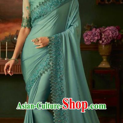 Asian India Bollywood Embroidered Green Crepe Saree Asia Indian National Festival Dance Costumes Traditional Court Woman Blouse and Sari Dress Full Set