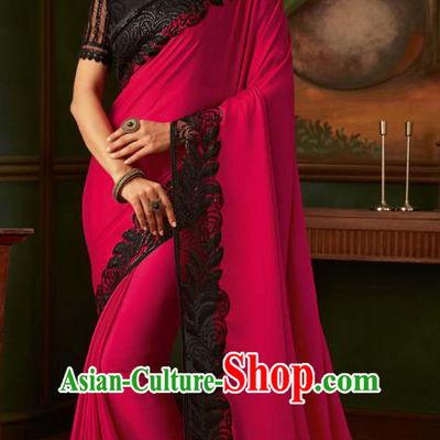 Asian India Bollywood Embroidered Rosy Crepe Saree Asia Indian National Festival Dance Costumes Traditional Court Woman Blouse and Sari Dress Full Set