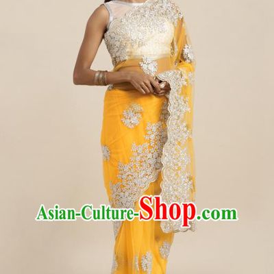 Asian India National Embroidered Yellow Saree Dress Asia Indian Festival Dance Costumes Traditional Female Clothing Blouse and Sari Full Set