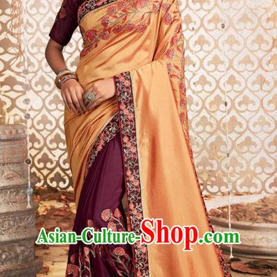 Asian India National Embroidered Chanderi Silk Saree Dress Asia Indian Festival Dance Purple Blouse and Golden Sari Costumes Traditional Court Female Clothing