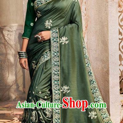 Asian India National Embroidered Atrovirens Chanderi Silk Saree Dress Asia Indian Festival Dance Blouse and Sari Costumes Traditional Court Female Clothing