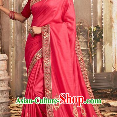 Asian India National Embroidered Peach Pink Chanderi Silk Saree Dress Asia Indian Festival Dance Blouse and Sari Costumes Traditional Court Female Clothing