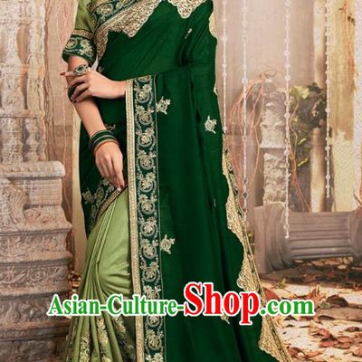 Asian India National Embroidered Deep Green Chanderi Silk Saree Dress Asia Indian Festival Dance Blouse and Sari Costumes Traditional Court Female Clothing