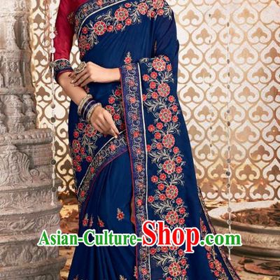 Asian India National Embroidered Deep Blue Chanderi Silk Saree Dress Asia Indian Festival Dance Blouse and Sari Costumes Traditional Court Female Clothing