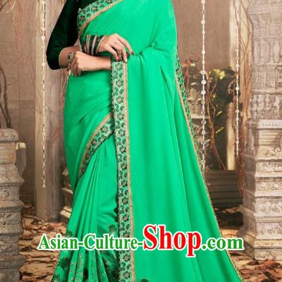 Asian India National Embroidered Green Chanderi Silk Saree Dress Asia Indian Festival Dance Blouse and Sari Costumes Traditional Court Female Clothing
