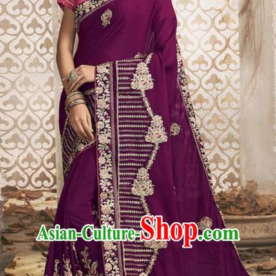 Asian India National Embroidered Purple Chanderi Silk Saree Dress Asia Indian Festival Dance Blouse and Sari Costumes Traditional Court Female Clothing