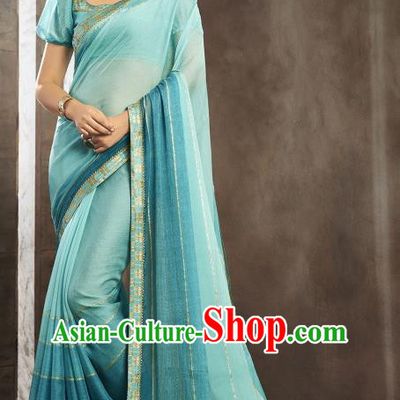 Asian India National Bride Light Blue Chiffon Saree Dress Asia Indian Festival Blouse and Sari Traditional Bollywood Dance Costumes for Women