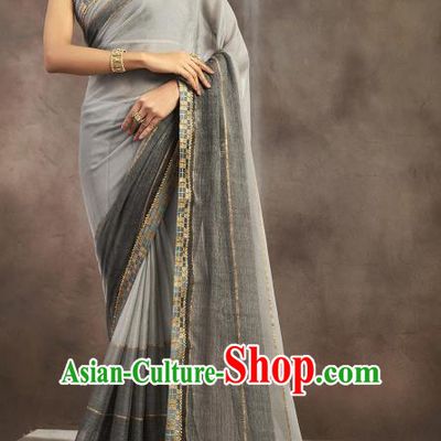 Asian India National Bride Grey Chiffon Saree Dress Asia Indian Festival Blouse and Sari Traditional Bollywood Dance Costumes for Women