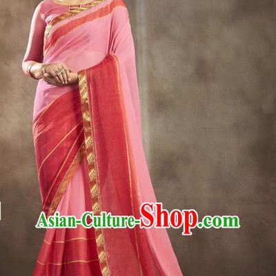Asian India National Bride Pink Chiffon Saree Dress Asia Indian Festival Blouse and Sari Traditional Bollywood Dance Costumes for Women