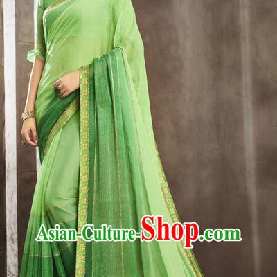 Asian India National Bride Green Chiffon Saree Dress Asia Indian Festival Blouse and Sari Traditional Bollywood Dance Costumes for Women