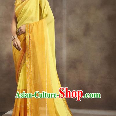 Asian India National Bride Yellow Chiffon Saree Dress Asia Indian Festival Blouse and Sari Traditional Bollywood Dance Costumes for Women