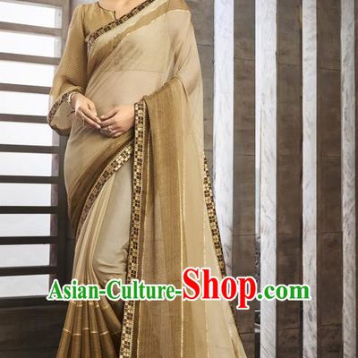 Asian India National Bride Brown Chiffon Saree Dress Asia Indian Festival Blouse and Sari Traditional Bollywood Dance Costumes for Women